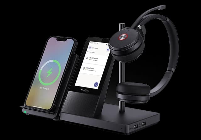 Yealink WH66 headset on the UC Workstation base with wireless phone charging stand, studio view