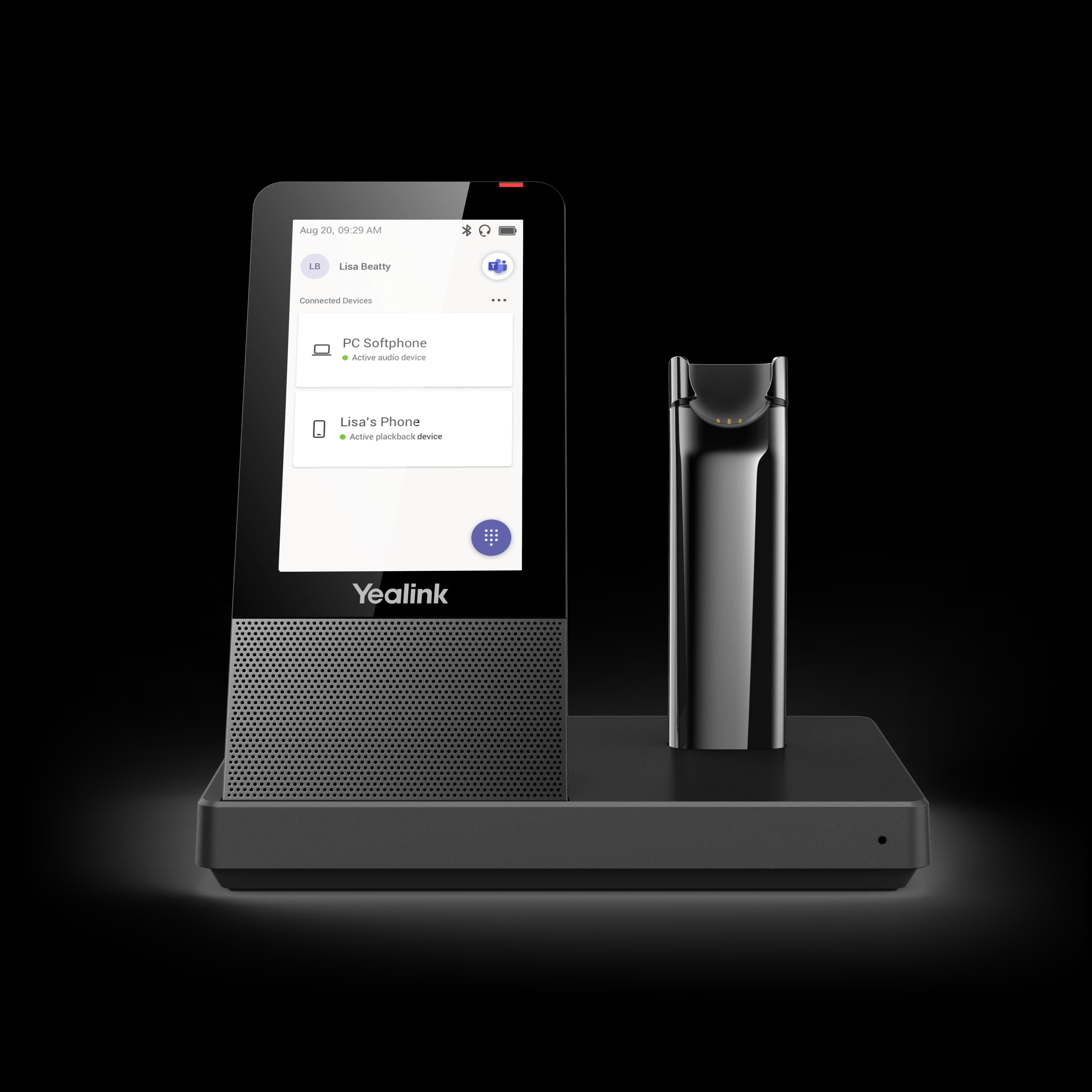 Yealink WH67 UC Workstation base station with 4-inch touch display, studio view