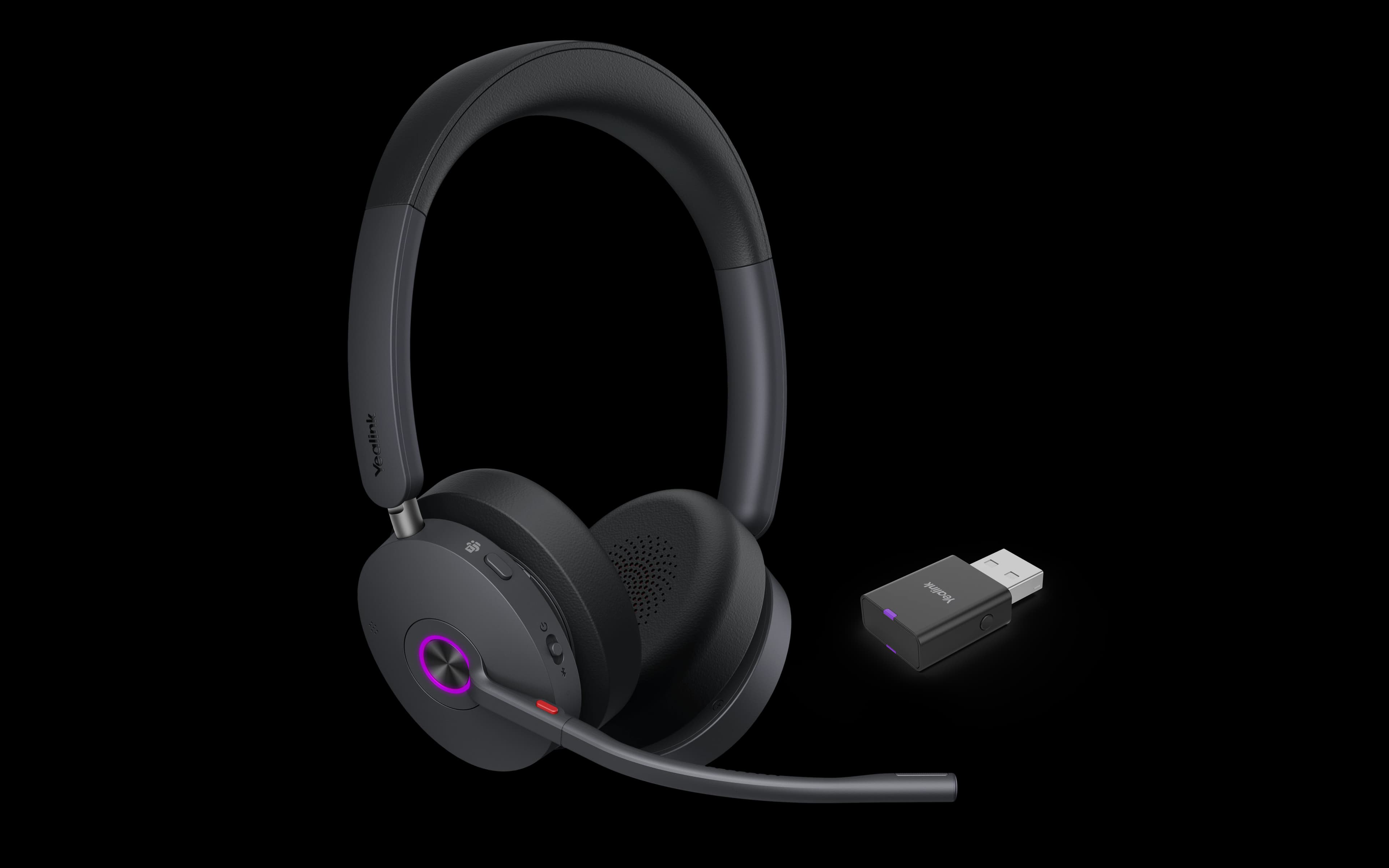 Yealink WH68 Hybrid headset with BT51C USB dongle, purple light-ring studio view