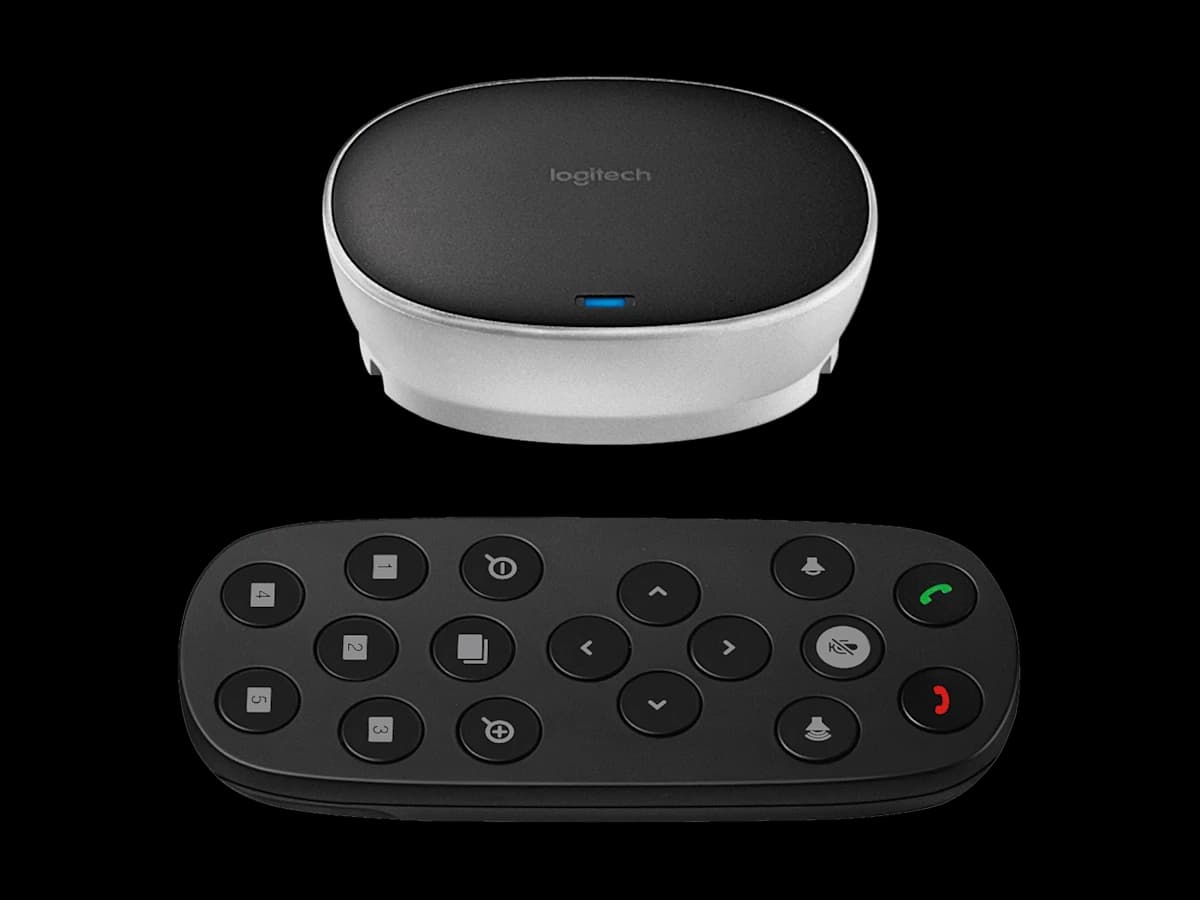 Logitech GROUP expansion mic and remote control detail