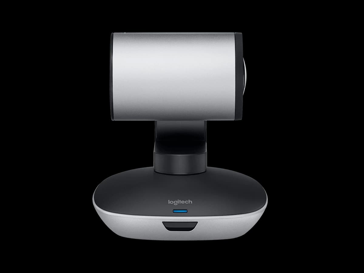 Logitech PTZ Pro 2 camera, rear view showing swivel base