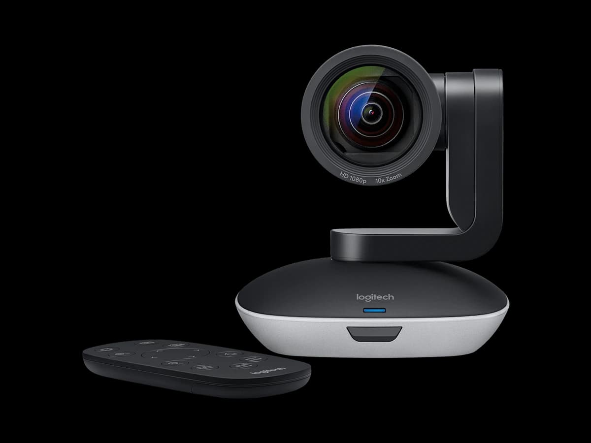 Logitech PTZ Pro 2 camera with remote, angled view