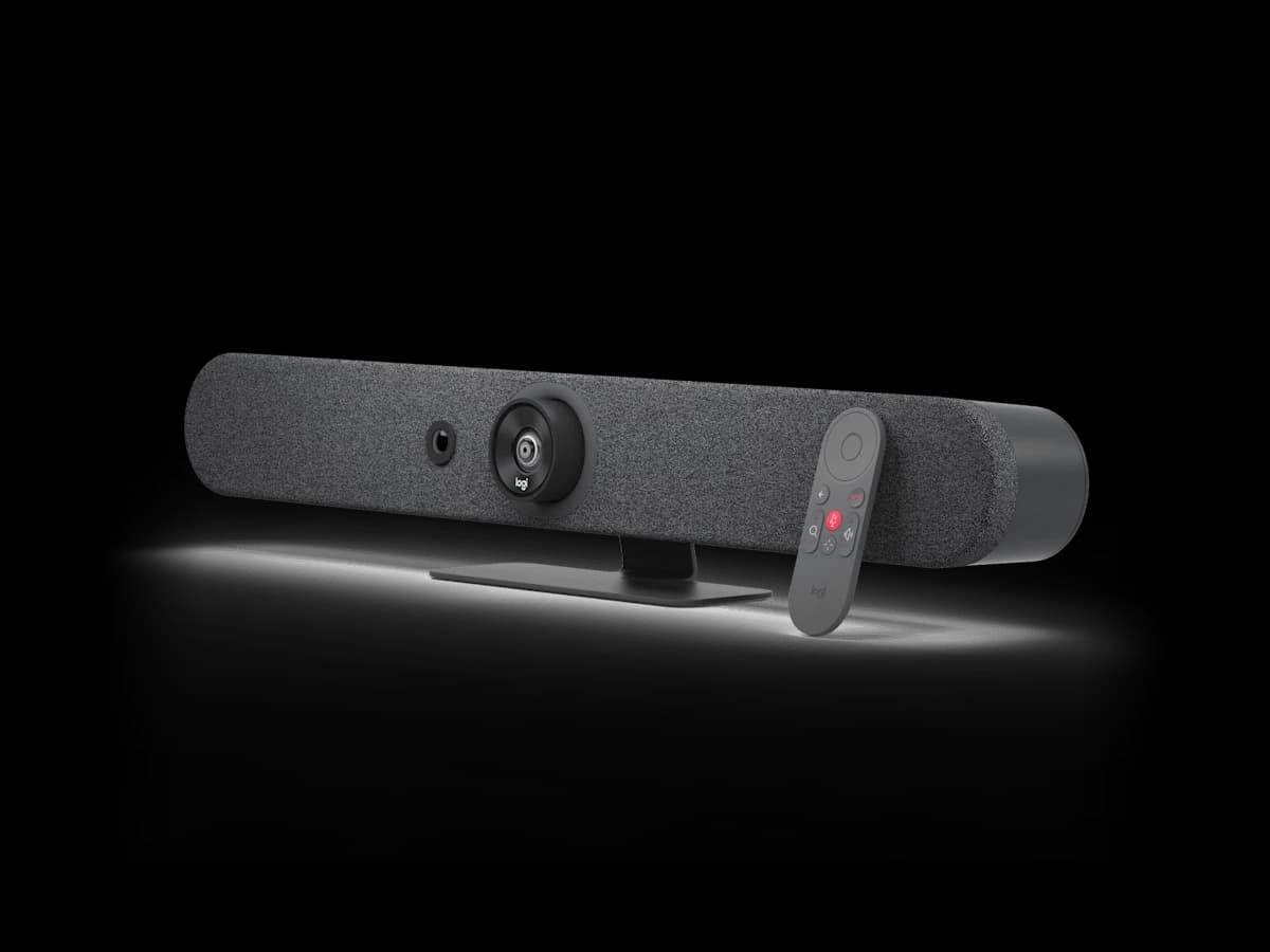 Logitech Rally Bar Mini with remote control, angled view