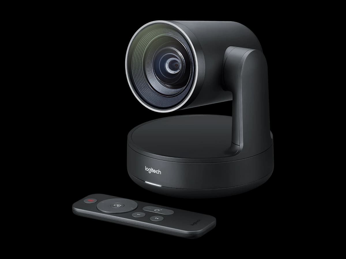 Logitech Rally Ultra HD PTZ Camera, angled three-quarter view