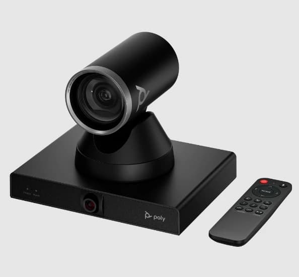 HP Poly Studio E60 dual-lens PTZ camera, front view with remote