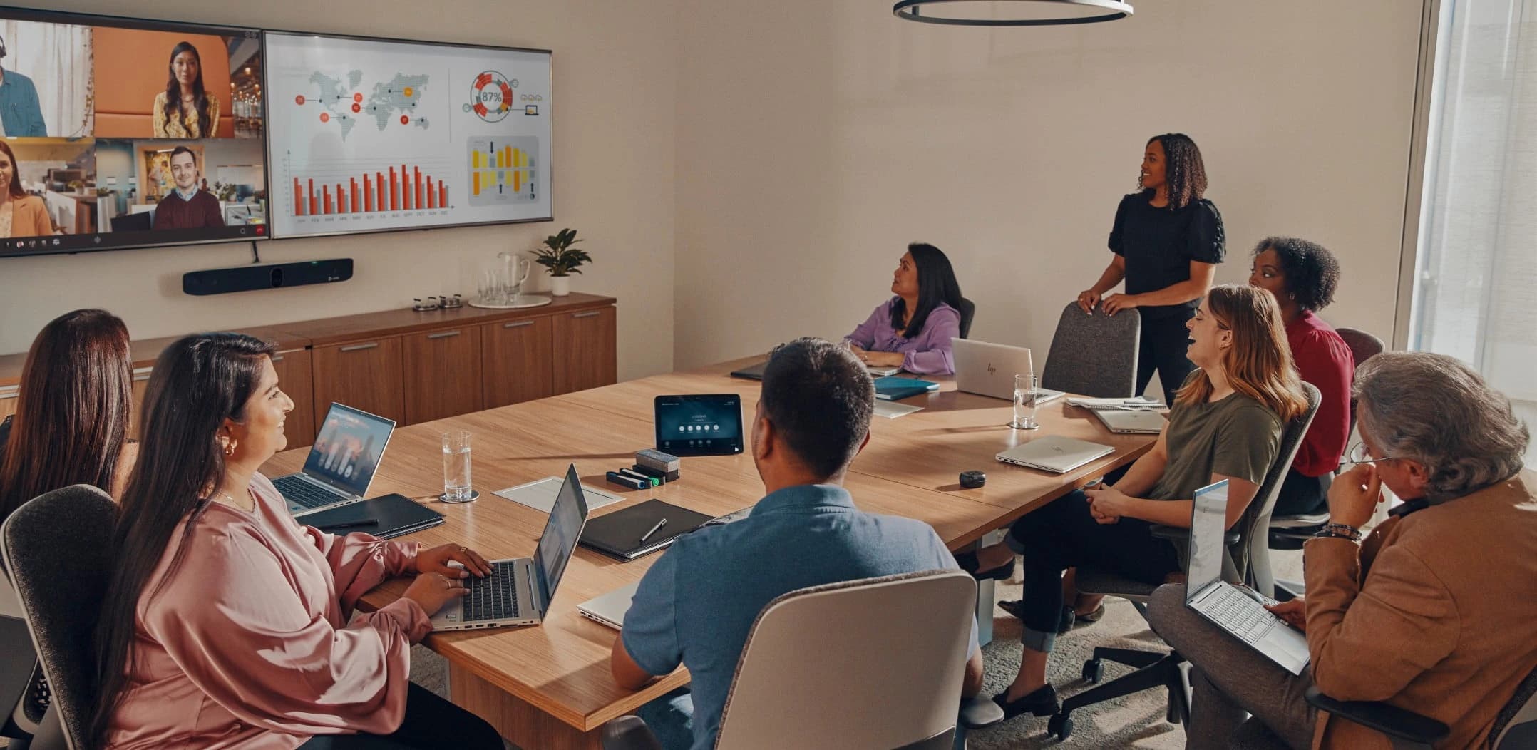 Poly Studio X70 all-in-one video bar in a meeting room