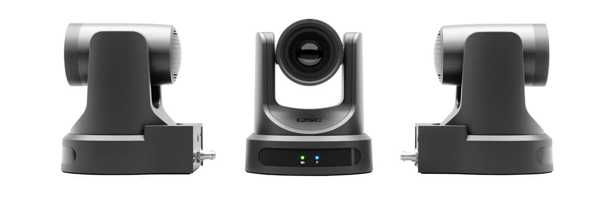 QSC Q-SYS NC-20x60 PTZ camera, front/side views