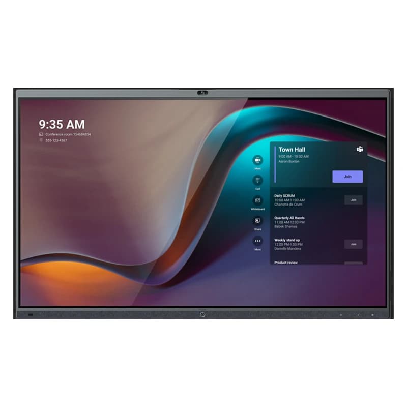 Yealink MeetingBoard 65 Pro, front view showing triple camera and Microsoft Teams interface